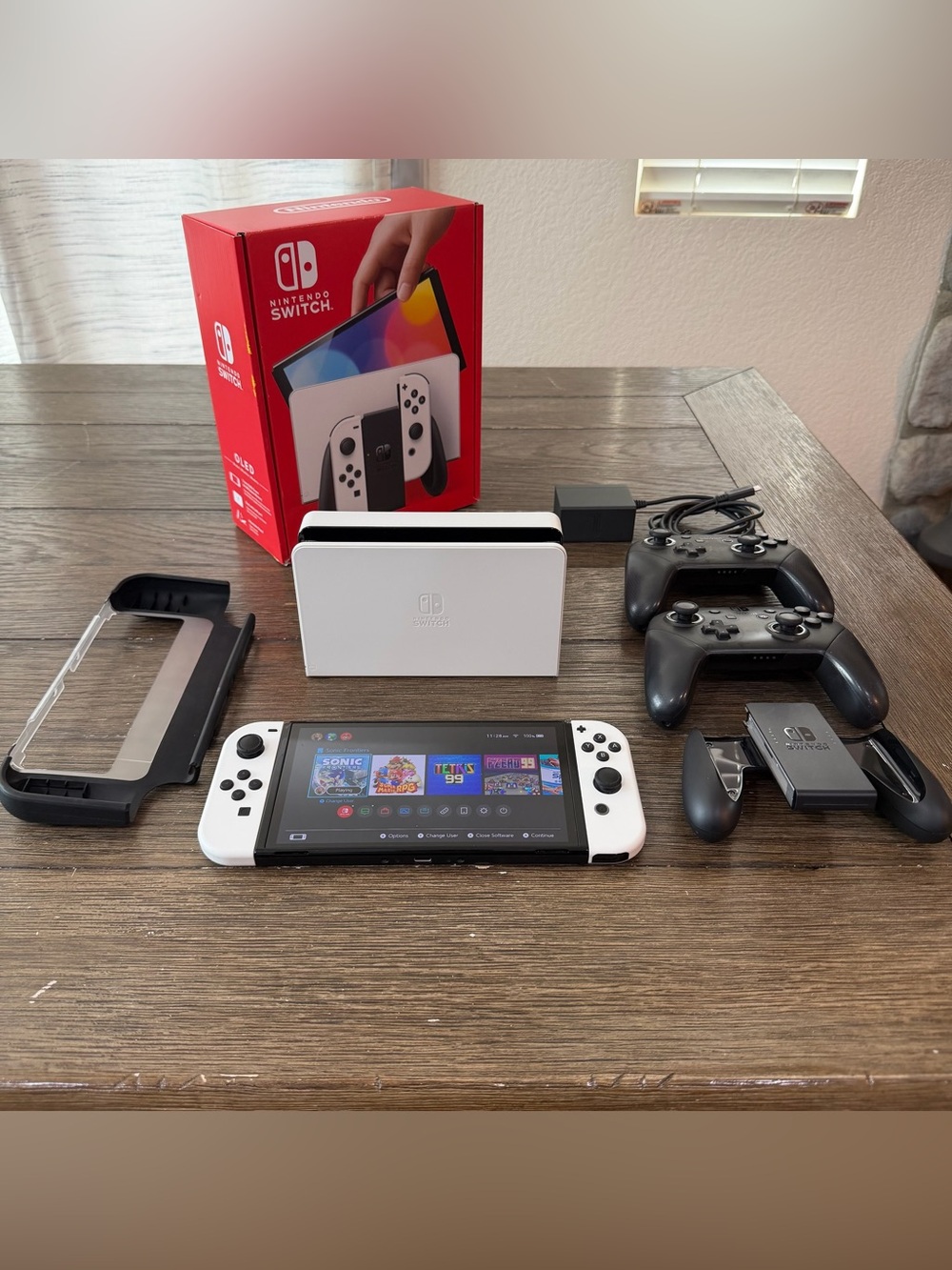 Nintendo Switch OLED White Panda Bundle 2 Pro Controllers Case microSD Box Mint